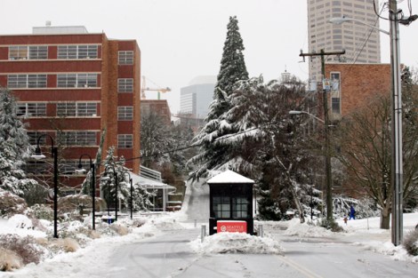 Seattle University campus during the January snowstorm. Image by Chris Joseph Taylor.