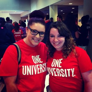 From left, Rachel and Katie at the celebration of our new marketing campaign, "One University. A World of Experiences."