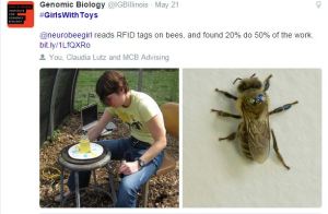 The Carl R. Woese Institute for Genomic Biology posted a photo of a researcher tagging bees with RFID tags, which led to further online conversation about university research. 