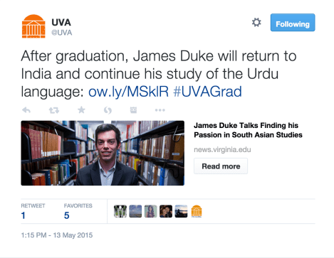 A screenshot of a tweet about U.Va. student James Duke.