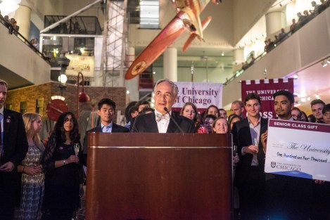 University of Chicago's President Robert Zimmer and the 2015 senior class gift committee at the Museum of Science and Industry Night.