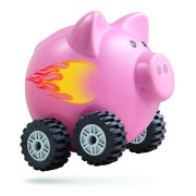 Economic acceleration. Piggy bank on wheels.